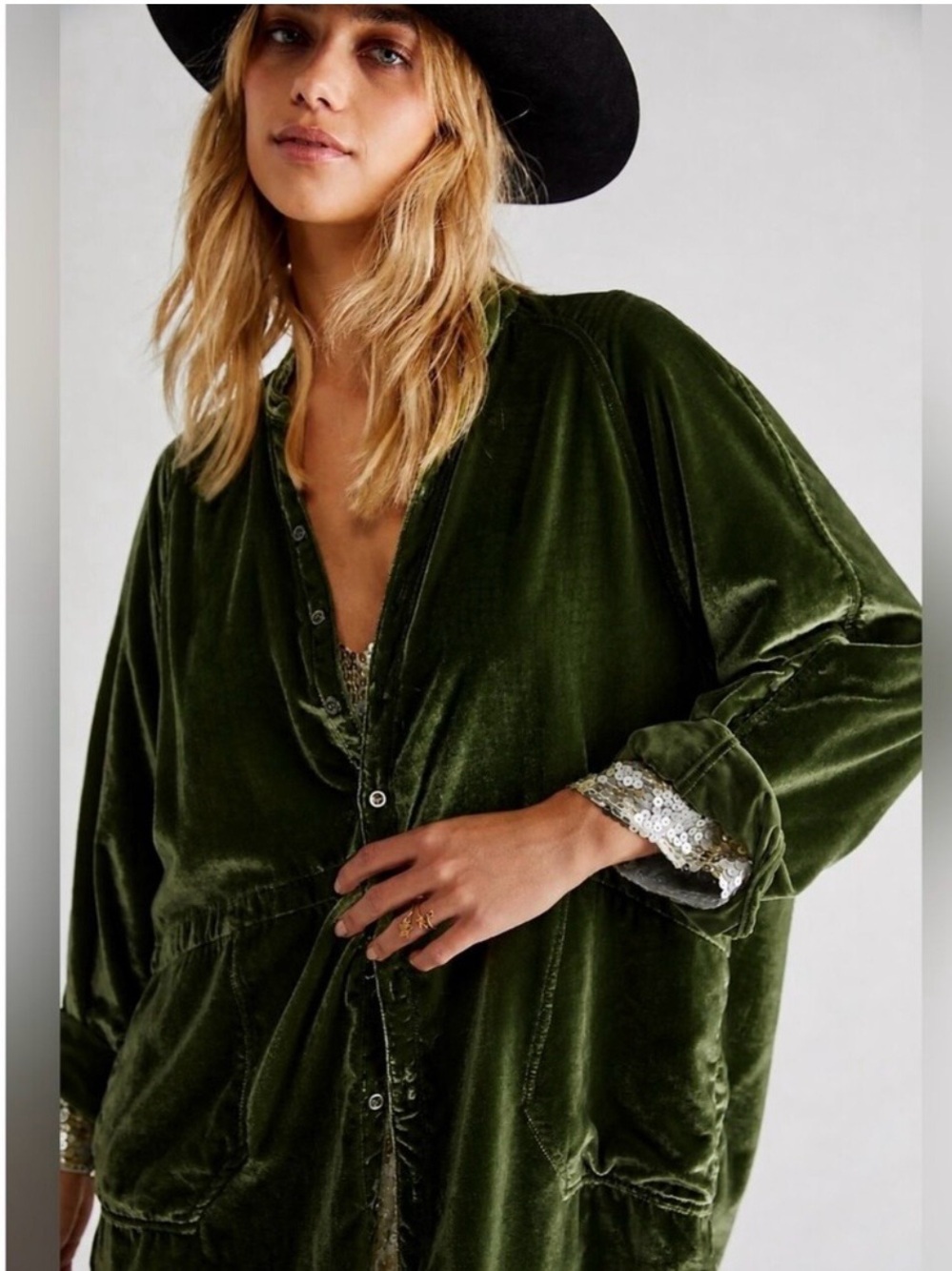 Natural Life Laid Back Velvet Button Down Tunic Shirt Shacket Green, Size XXL - Picture 8 of 10